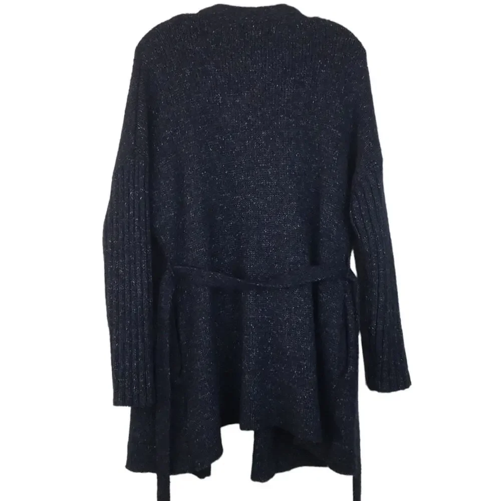 SimplyVera Vera Wang Knit Cardigan Tie Waist Sweater Pockets Marled Navy Large - Picture 5 of 15